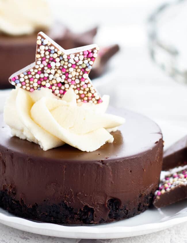 A chocolate dessert topped with whipped cream and a chocolate star.