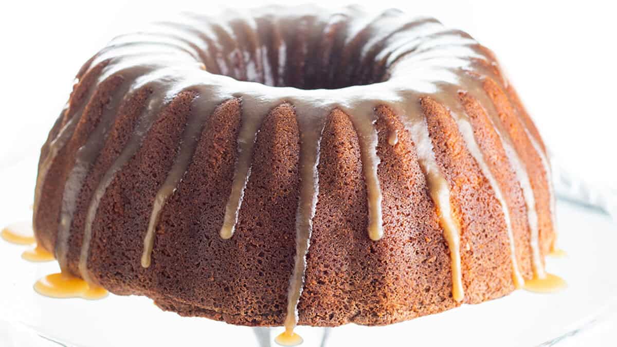 A brown sugar bundt cake with caramel icing.