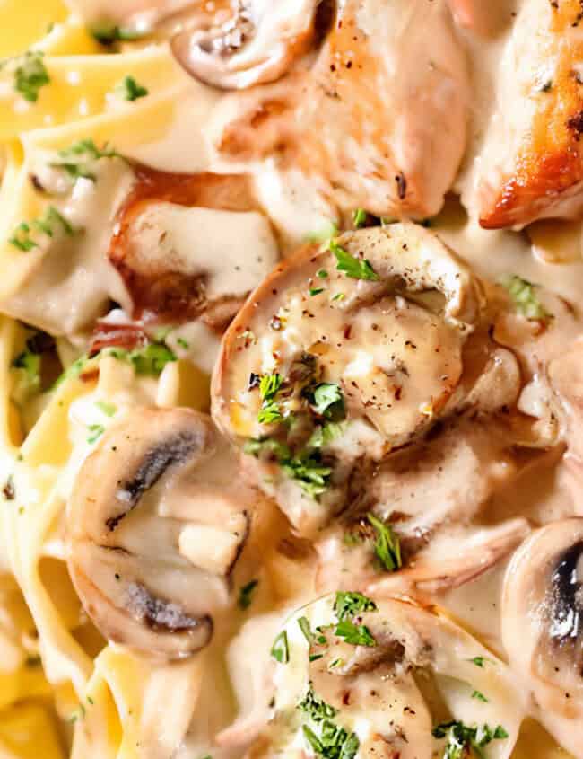 a close up image of chicken and mushroom fettuccine alfredo on a white plate.