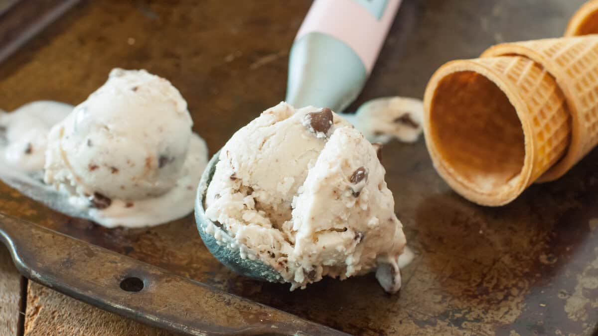 No-Churn Vegan Chocolate Chip Ice Cream on an ice cream scoop