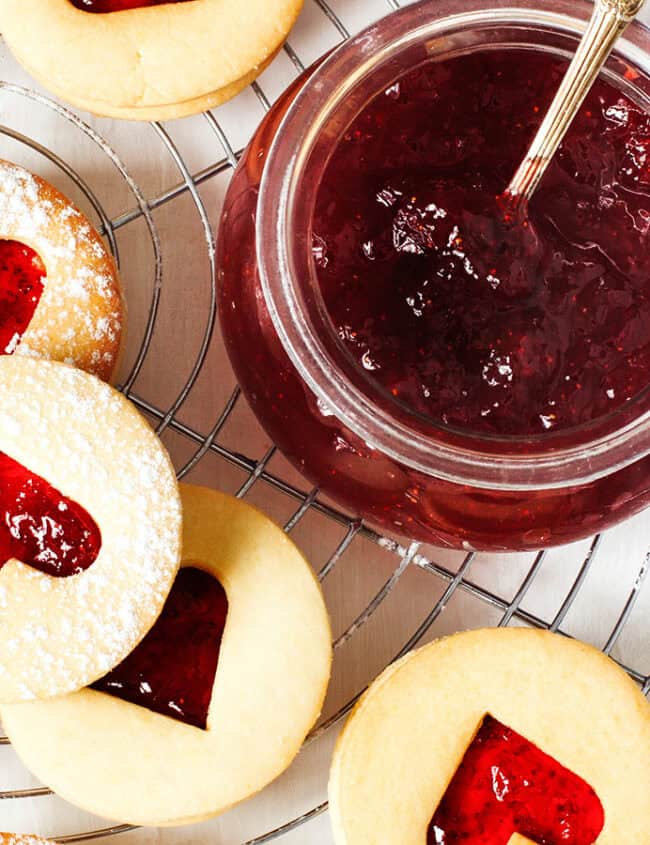 Traditional Linzer cookies with raspberry jam.