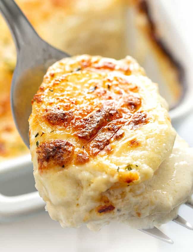 A forkful of cheesy scalloped potatoes.