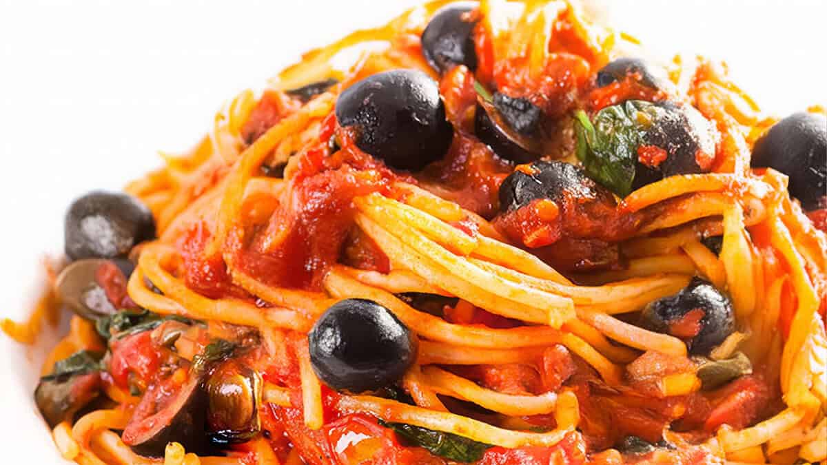 Spaghetti Alla Puttanesca freshly served and ready to eat.