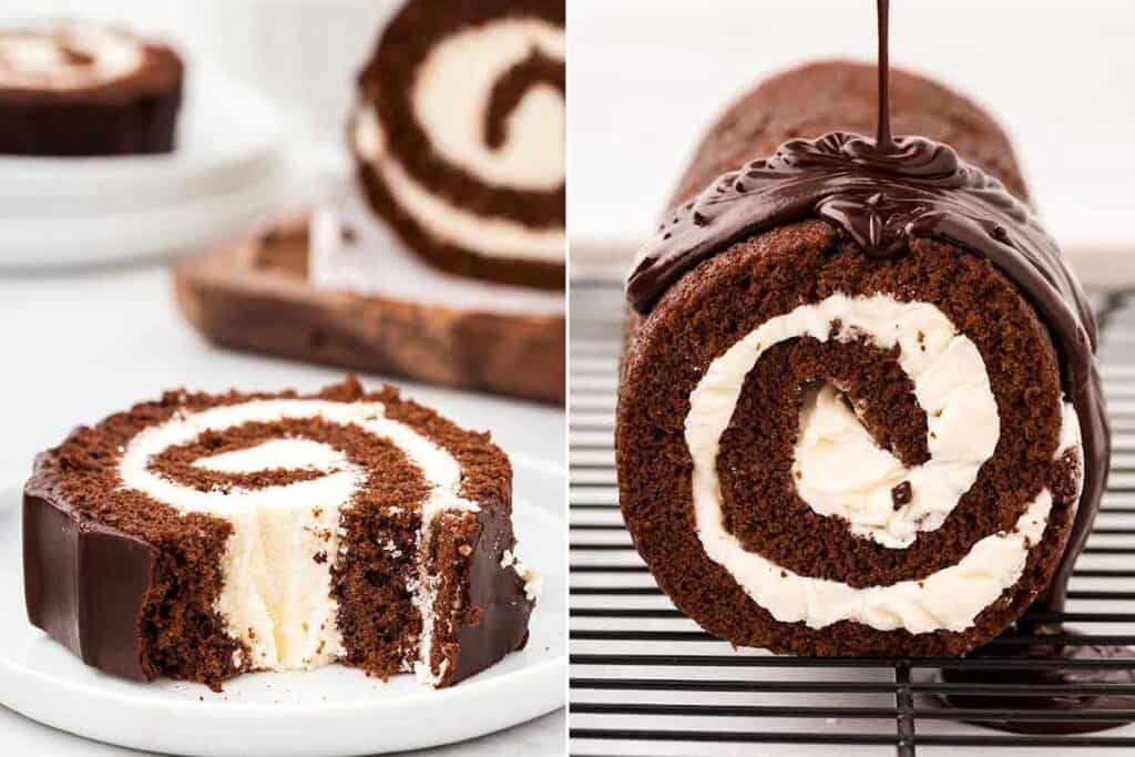 Two different angles of a chocolate Swiss roll cake with white frosting as filling.