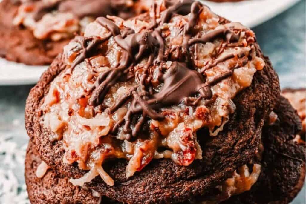 A close up image of two German Chocolate Cookies.