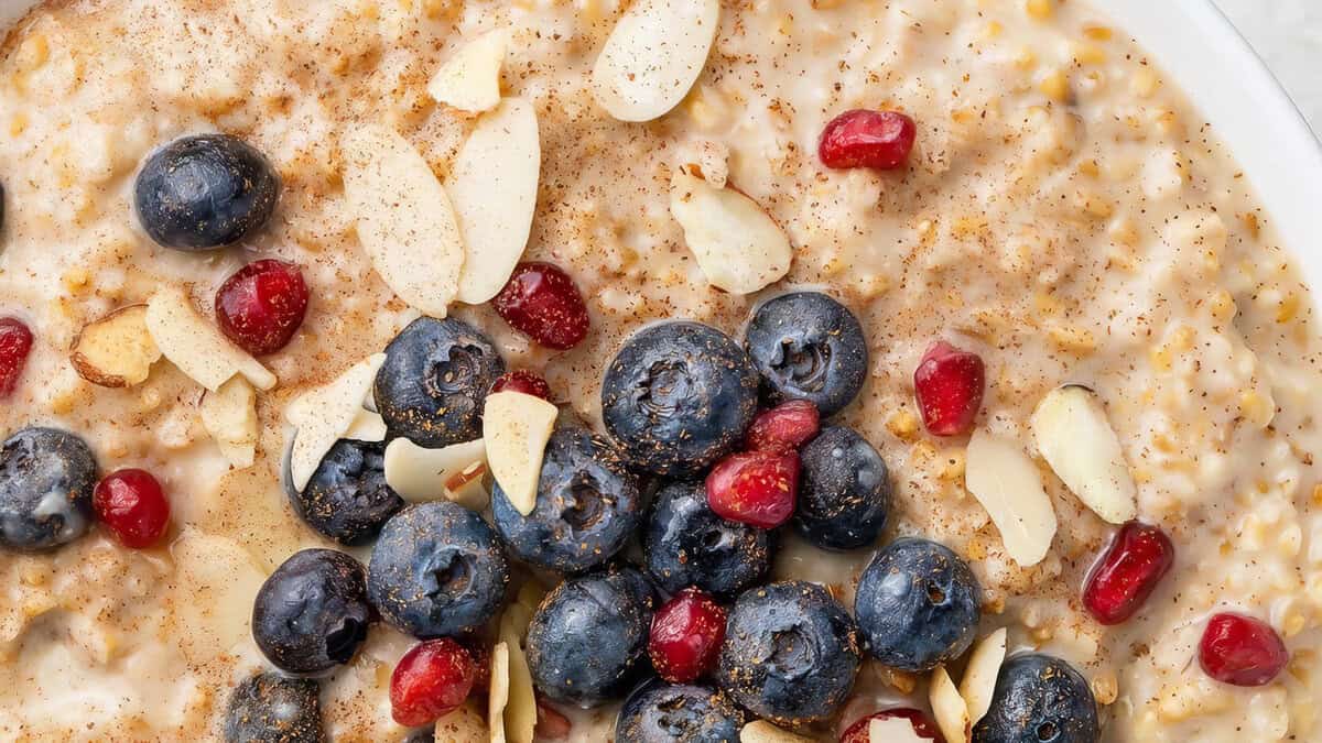 A close-up view of a bowl filled with oatmeal breakfast. The oatmeal appears to be topped with fresh blueberries, sliced almonds, and pomegranate seeds.