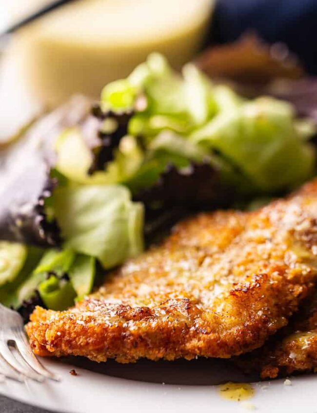 Crispy pork chops on a plate with salad.