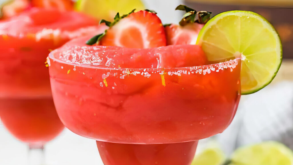 A vibrant red frozen strawberry margarita is garnished with fresh strawberries and a lime slice on the rim. The glass is rimmed with coarse salt, adding texture to the sweet and refreshing-looking summer drink, perfect for cocktail recipes. Another margarita is blurred in the background.