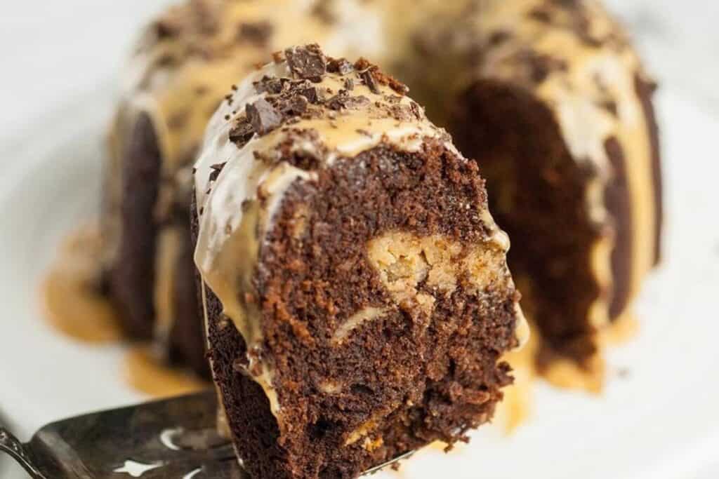 A close up image of a slice of Air Fryer Chocolate Peanut Butter Swirl  being served.