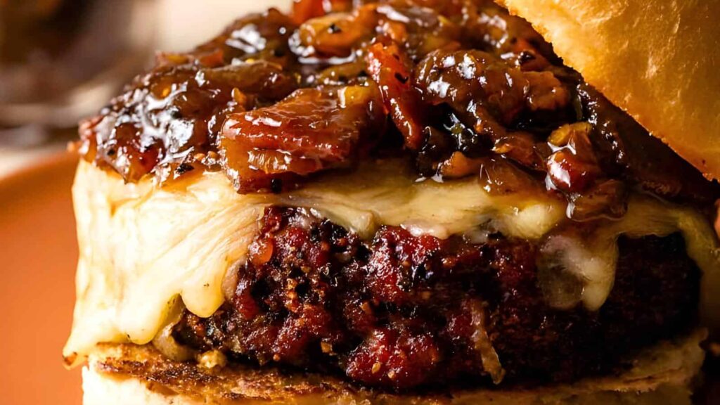 A close up image of a Smokehouse Burgers with Bacon Onion Jam.