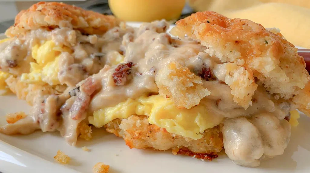 A close up image of a plate of Cheddar Bay Breakfast Casserole with Sausage and Eggs.