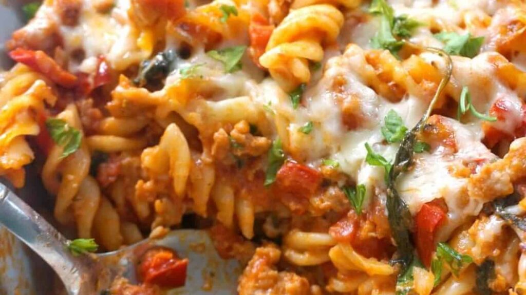 Sausage pasta in a dish.