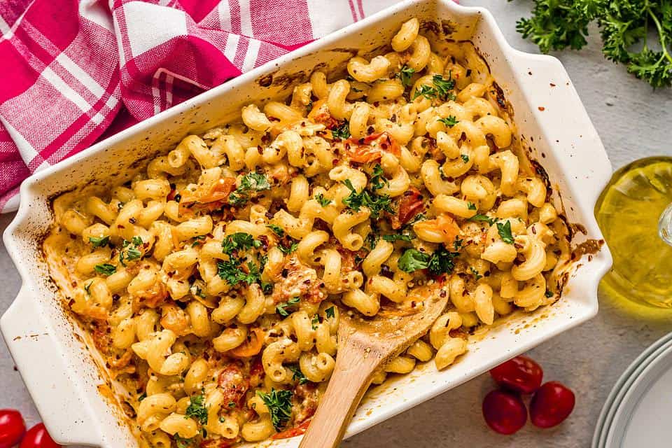 Overhead view of a pasta dish in a casserole. 