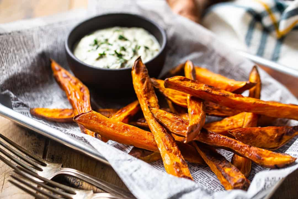 a plater of Sweet Potato Fries with Skinny Horseradish Dijon Dip.