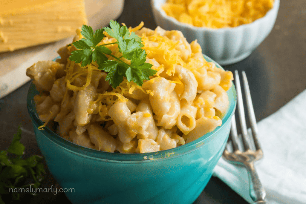 A big bowl of Vegan Mac and Cheese on a table.