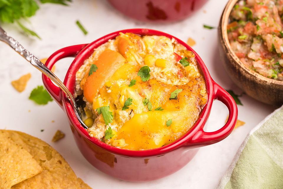  A baking dish with Chicken Enchilada Casserole.