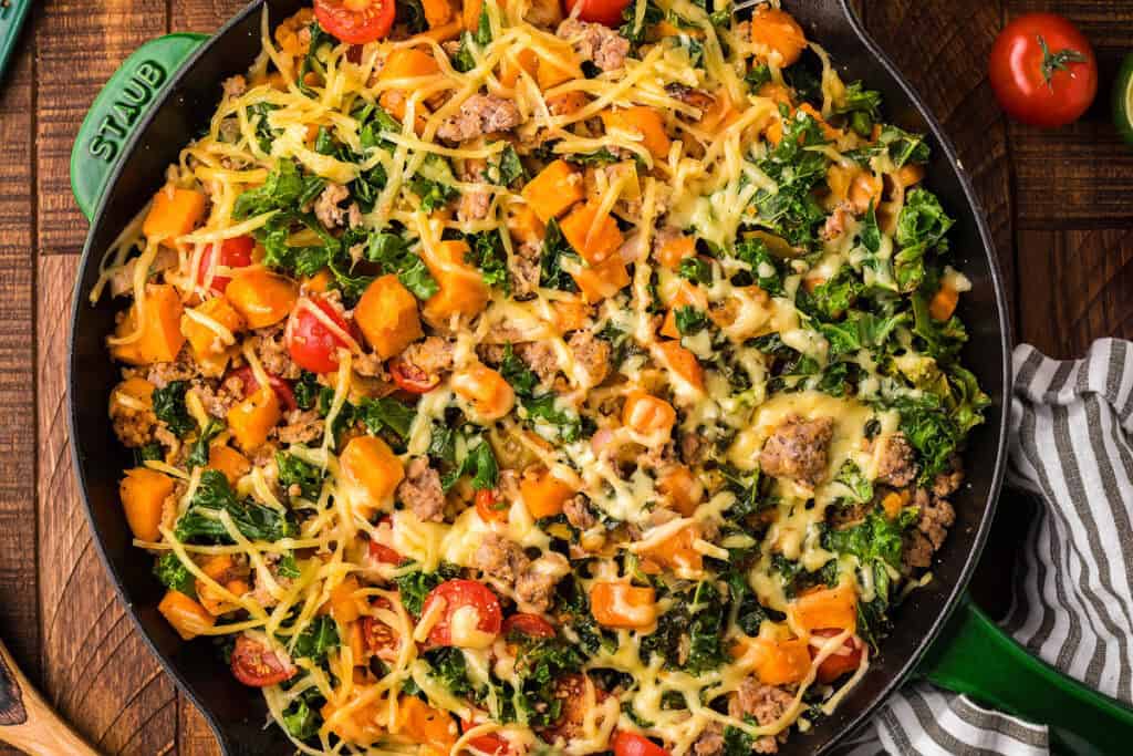 Ground Turkey Sweet Potato, and Kale in a Skillet.