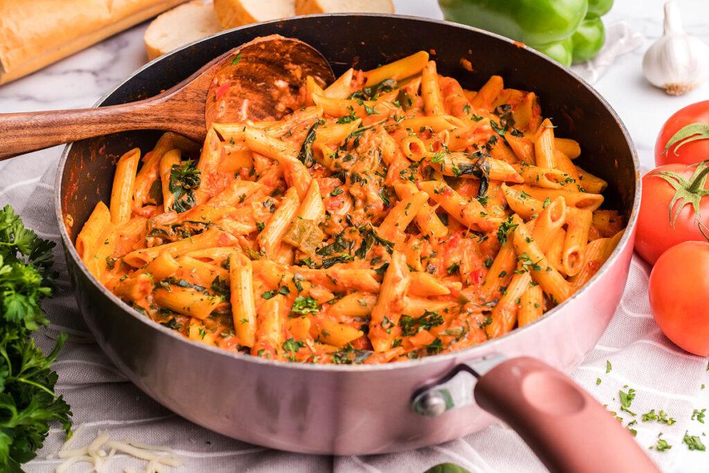 Italian Penne Rosa Pasta in a silver skillet.