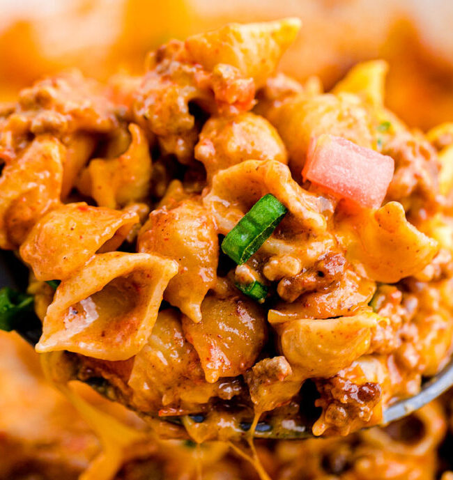 A close up image One Pot Taco Macaroni and Cheese.