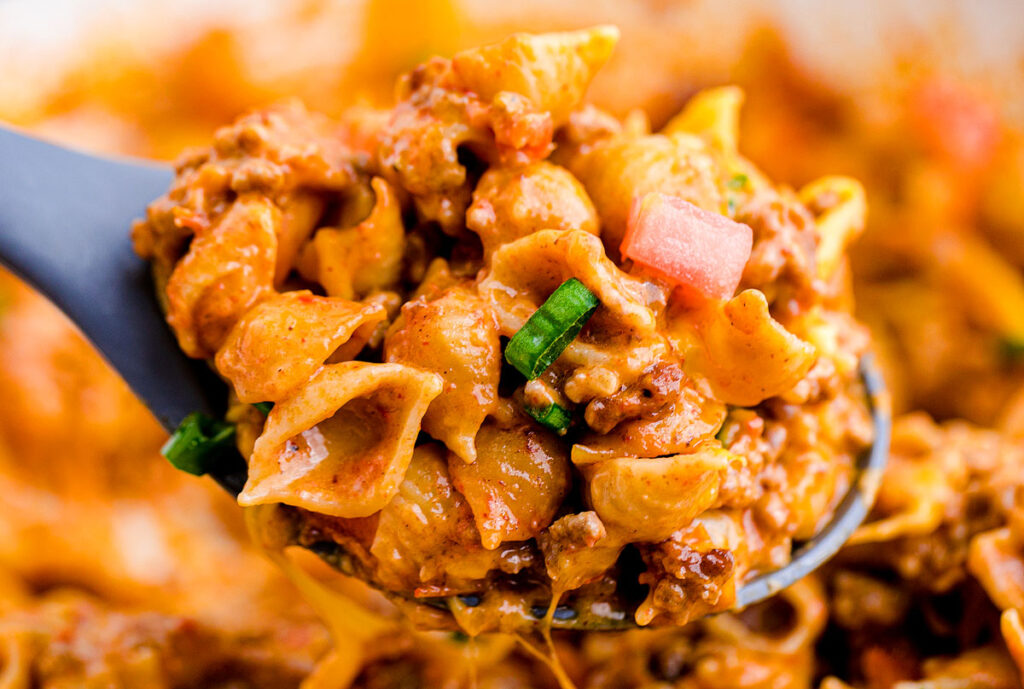 A close up image One Pot Taco Macaroni and Cheese.