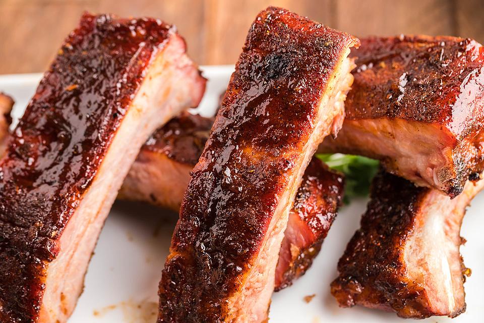 A close up image of Smoked Baby Back Ribs. 