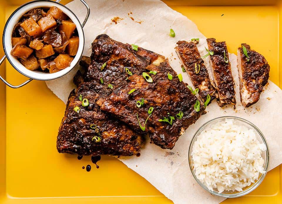 A platter of Fall off the Bone Slow Cooker Hawaiian Ribs. 