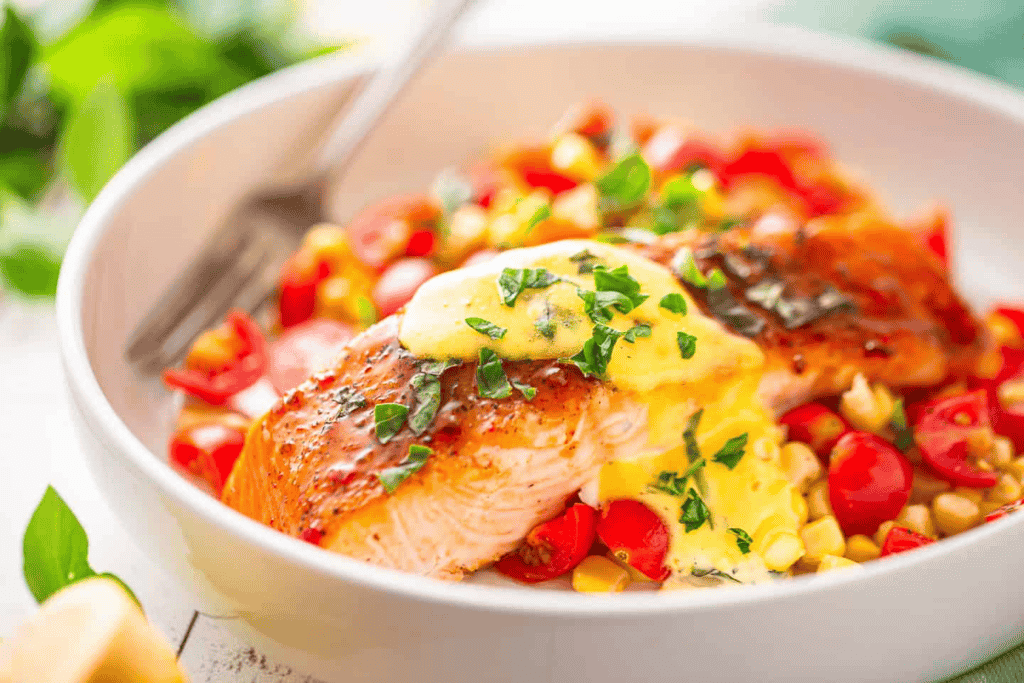 A white bowl with colorful Glazed Salmon over Corn & Tomatoes with Herb Butter Sauce.