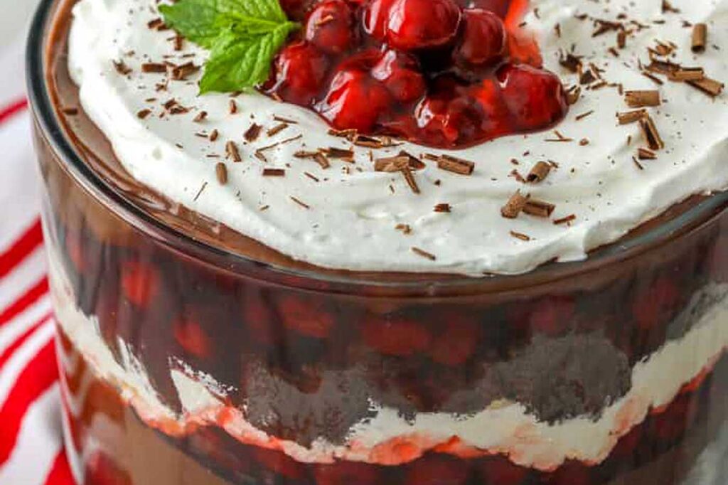 A big glass bowl of Black Forest Chocolate Trifle {5 Ingredients}. 