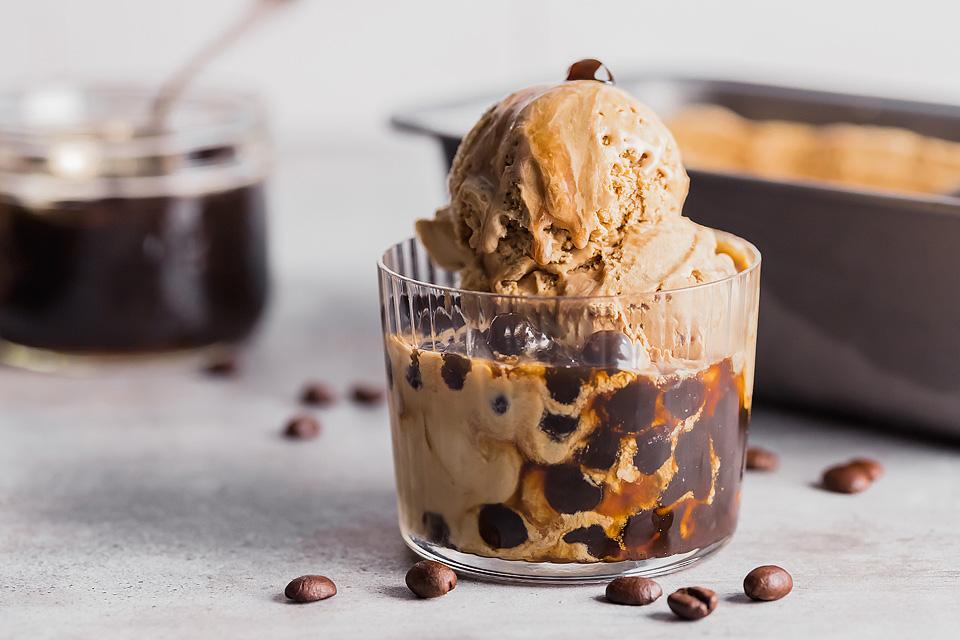 A dessert glass of No Churn Vietnamese Coffee Ice Cream with Boba. 