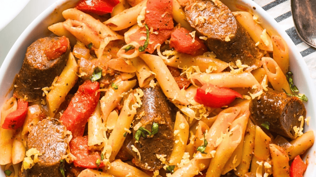 penne, with vegan sausage, and vegetables in a pan.