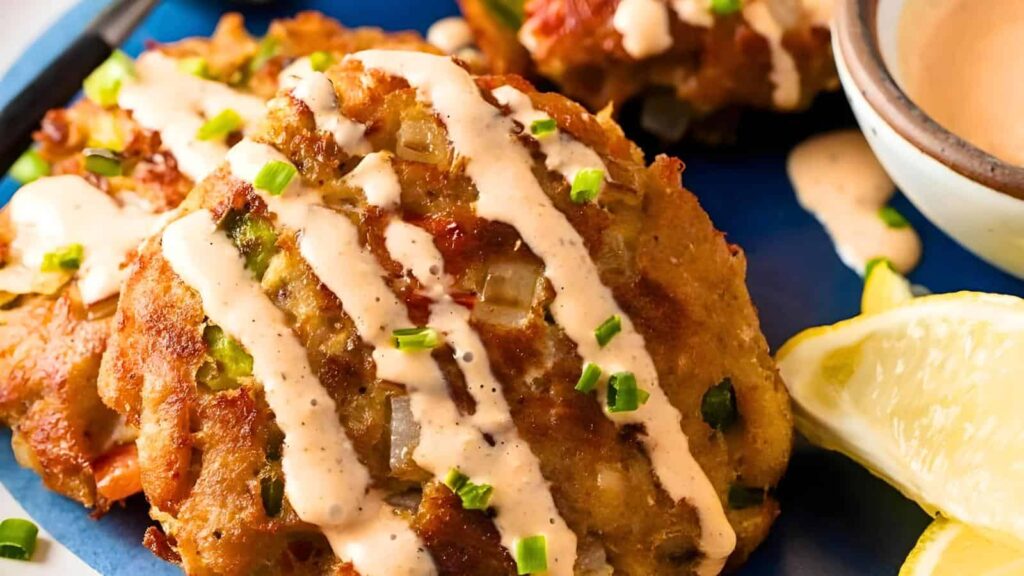 A close up image of Salmon Croquettes drizzled with Sauce.