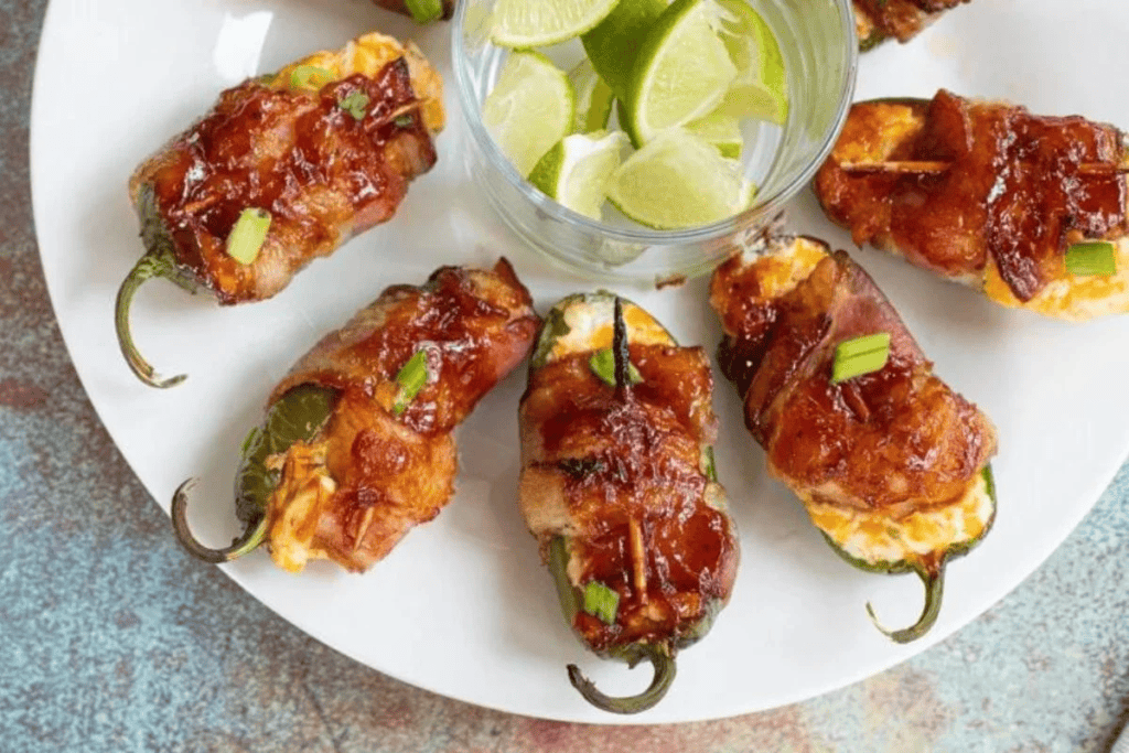 A plate if Bacon Wrapped Cream Cheese Stuffed Jalapeno Poppers with a bowl of lime wedges.