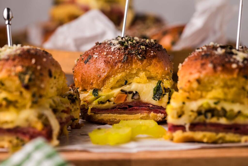 A close of image of Hot Italian Sliders on a platter.