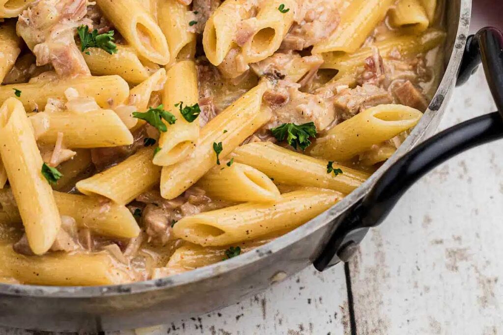 A close up image of a pan with One Pot Turkey Pasta.