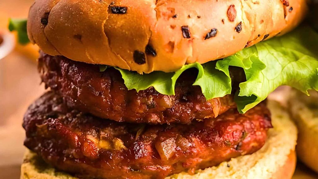 A close up image of 2 burgers on a bun.