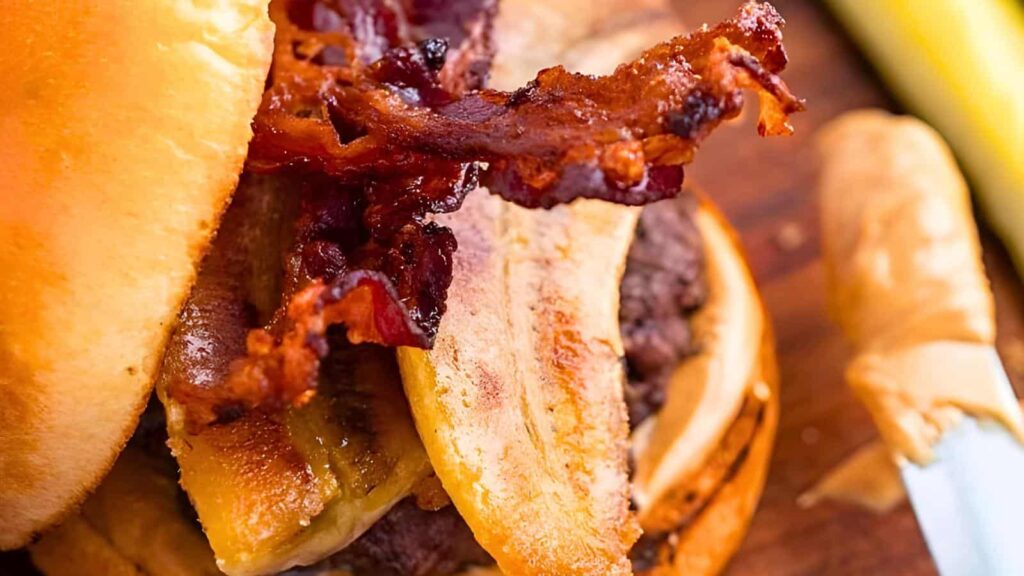 A burger topped with banana and bacon.