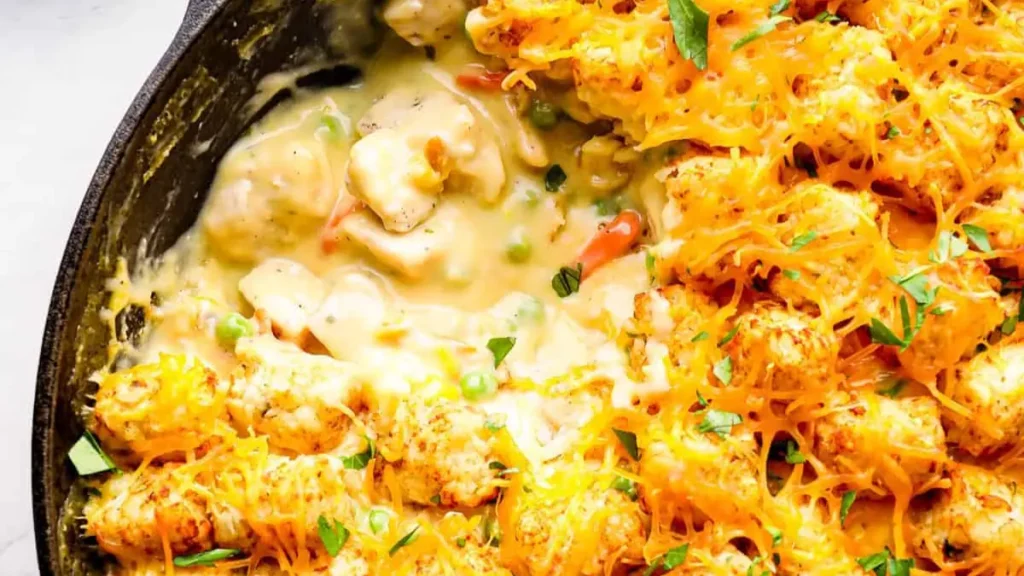 A close up image of a Tater Tot Chicken Casserole.