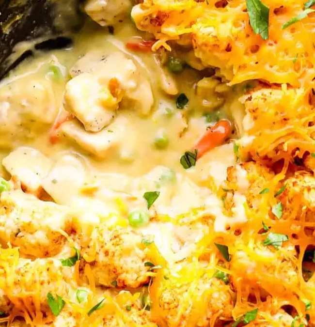 A close up image of a Tater Tot Chicken Casserole.