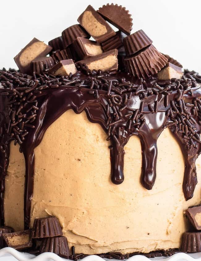 A decadent cake with smooth peanut butter frosting, topped with a generous amount of chocolate ganache dripping down the sides. The cake is adorned with chocolate sprinkles and various sizes of peanut butter cups, arranged in an appealing, stacked manner—perfect for those seeking indulgent cake recipes.