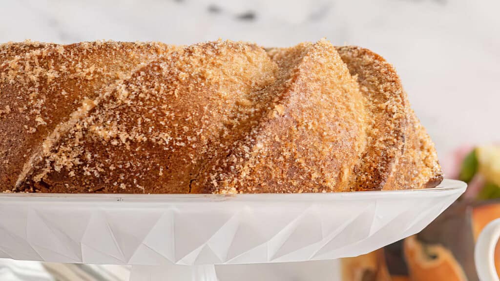 Close-up of a Bundt cake covered in a crumbly cinnamon & sugar coating, displayed on a white, patterned cake stand.