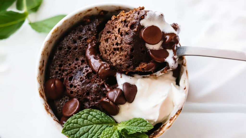 Close-up of a chocolate mug cake topped with chocolate chips and a dollop of whipped cream. A spoon lifts a bite of the cake, showcasing its moist texture. Fresh mint leaves garnish the side of the mug, and a blurred green plant is visible in the background—perfect for your Chocolate Chip Recipes collection.