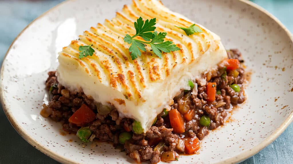 A plate of shepherd's pie topped with a layer of golden-brown mashed potatoes, garnished with parsley. This easy ground beef recipe includes a filling of ground meat, diced carrots, peas, and a rich brown sauce, all served on a white speckled plate.