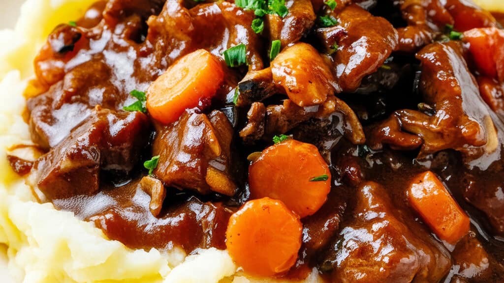 Close-up of a savory beef stew with chunks of beef, carrots, and vegetables in a thick brown gravy, served over creamy mashed potatoes. This indulgent entry from our Beef Recipes collection is garnished with chopped green herbs.