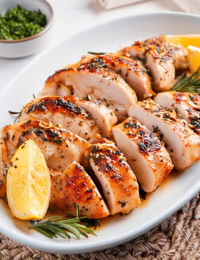 A white plate with sliced, Slow Cooked Crockpot Chicken Breasts garnished with herbs and lemon wedges.