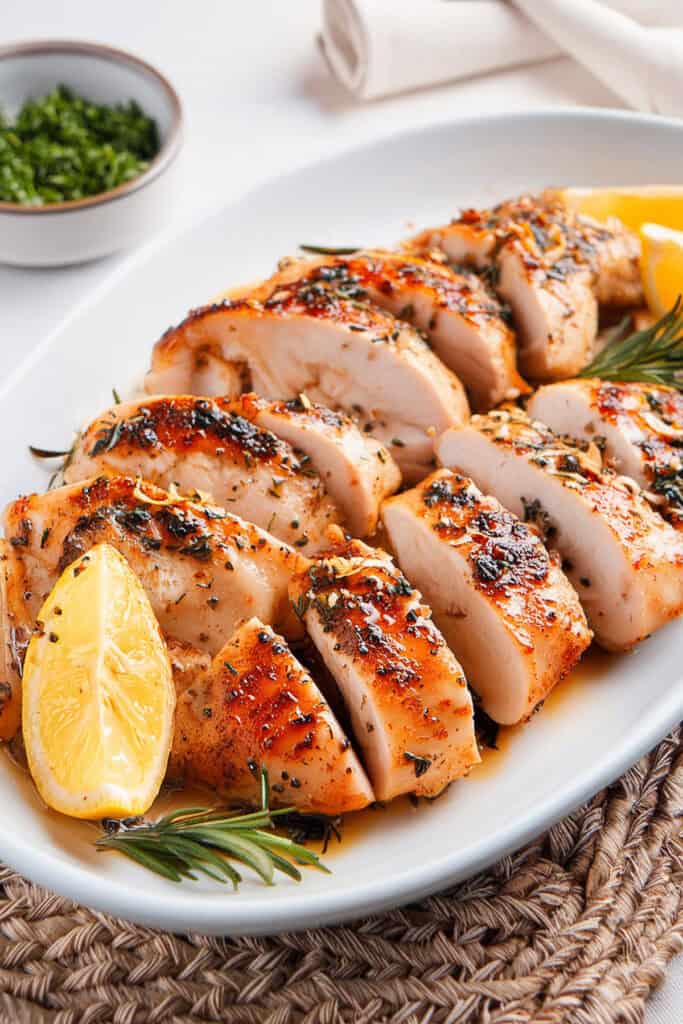 A white plate with sliced, Slow Cooked Crockpot Chicken Breasts garnished with herbs and lemon wedges. 
