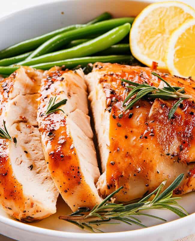 A plate with sliced slow-cooked chicken breast garnished with rosemary, accompanied by fresh green beans and two lemon slices. The chicken has a golden, glazed appearance.