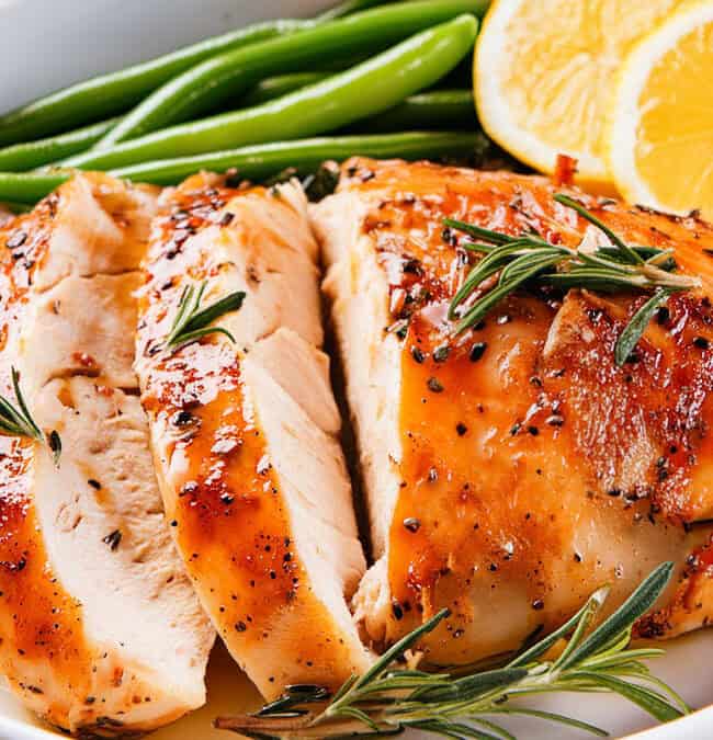 Sliced roasted chicken breast garnished with rosemary sits on a white plate alongside green beans and two lemon slices. The chicken appears juicy with a golden-brown glaze, showcasing the best of slow cooker recipes for mouthwatering results.