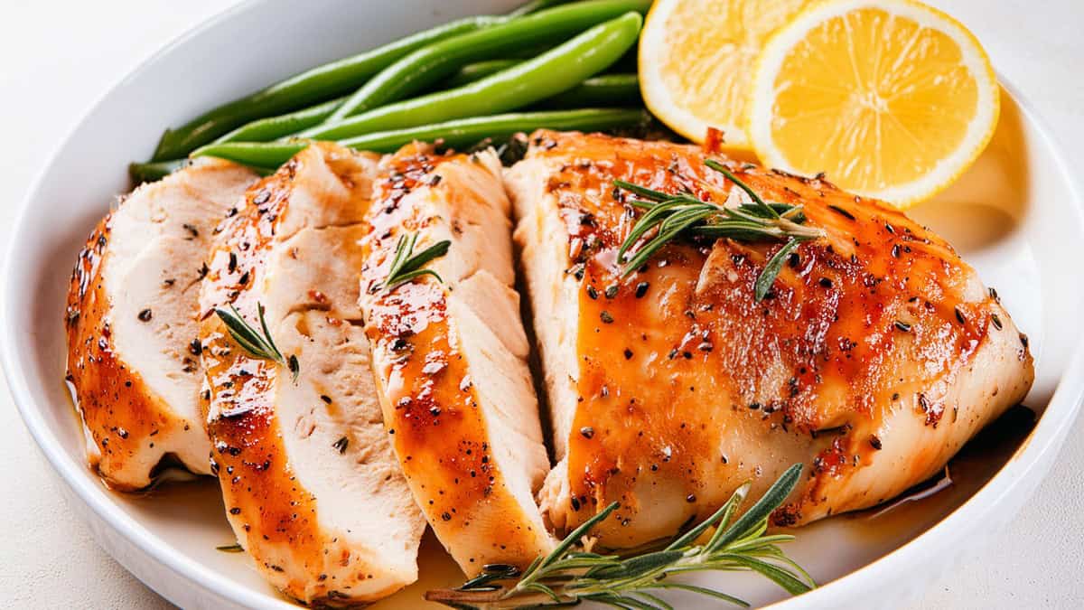 Sliced roasted chicken breast garnished with rosemary sits on a white plate alongside green beans and two lemon slices. The chicken appears juicy with a golden-brown glaze, showcasing the best of slow cooker recipes for mouthwatering results.