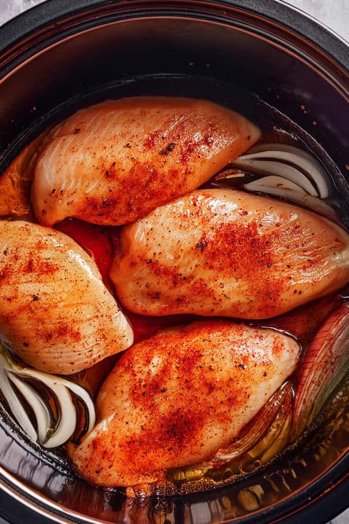 A Crock Pot filled with seasoned raw chicken breasts, sliced onions, and a small amount of broth. The chicken is dusted with red spices, and the onions are visible around the edges, preparing to be cooked.