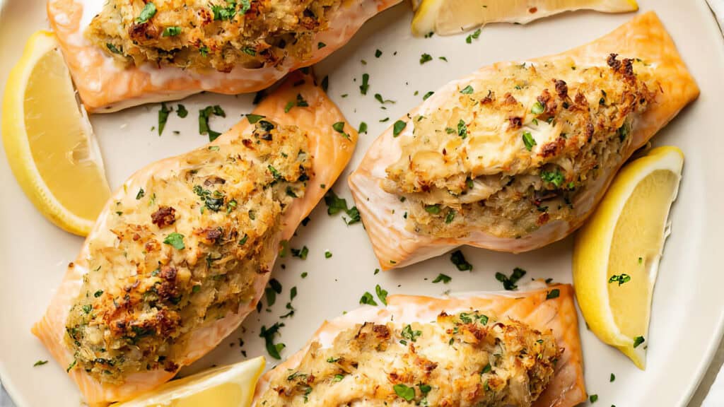 Four portions of baked salmon topped with a golden, herb-filled crust are arranged on a plate. Lemon wedges are placed around the salmon for a burst of freshness, and the dish is garnished with chopped parsley. Perfect for fans of Southern recipes, this meal delivers comfort and flavor in each bite.